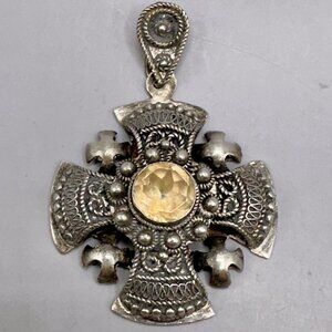 Jerusalem Cross Crusader Style Pendant Sterling Silver Holy Land Glass Stone